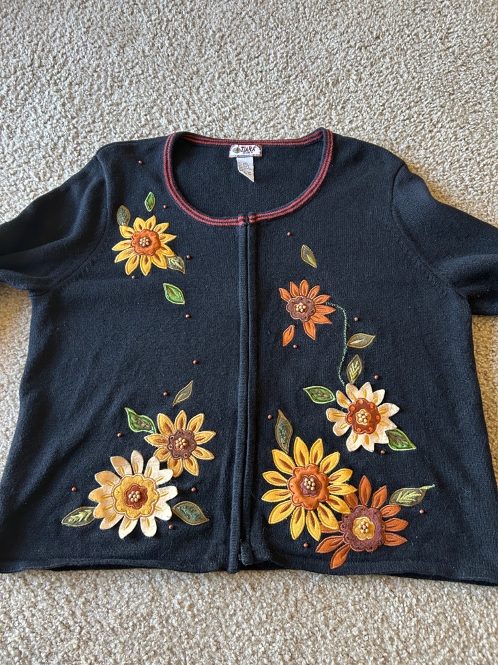 Vintage Tiara Women’s 3D Sunflower Embroidered Cardigan Knit Full Zip, 1X